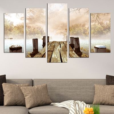 Modern canvas art landscape with wooden pier in brown