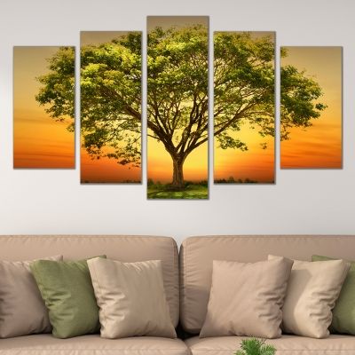 Modern canvas art Landscape beautiful tree in green, orange and yellow