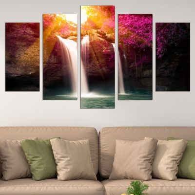 0695 Wall art decoration (set of 5 pieces) Forest landscape with waterfall