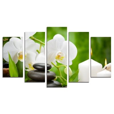 0146  Wall art decoration (set of 5 pieces) White orchids on green background