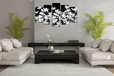 0711 Wall art decoration (set of 5 pieces) Jentle white flowers on black background