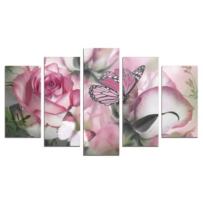 0630 Wall art decoration (set of 5 pieces) Roses and butterflies