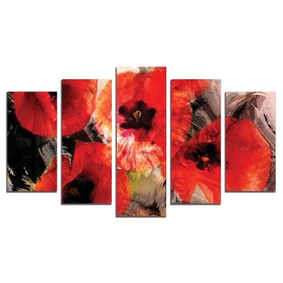 0291 Wall art decoration (set of 5 pieces) Abstract red flowers