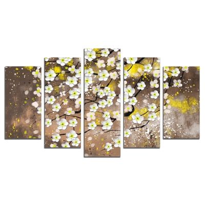 0723 Wall art decoration (set of 5 pieces) White spring flowers