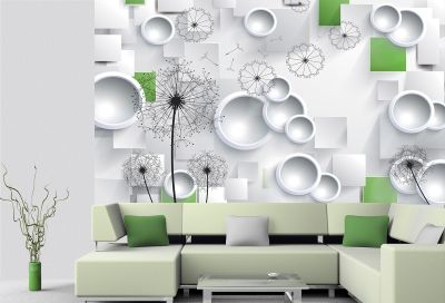 T9003 Wallpaper 3D Dandelions - white and green