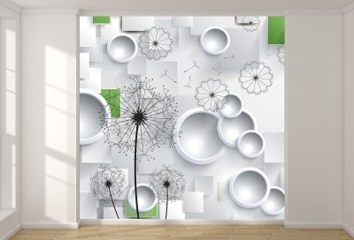 T9003 Wallpaper 3D Dandelions - white and green