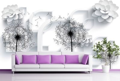 T9010 Wallpaper 3D Dandelions - white and black