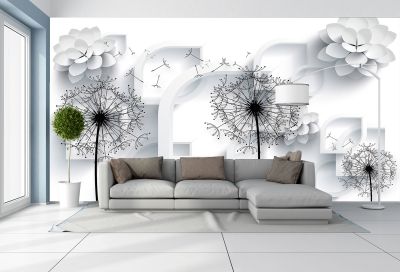 T9010 Wallpaper 3D Dandelions - white and black