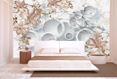 T9017 Wallpaper 3D Circles and vintage flowers