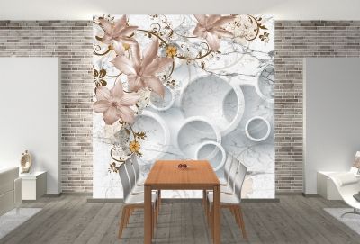 T9017 Wallpaper 3D Circles and vintage flowers