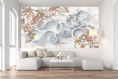 T9017 Wallpaper 3D Circles and vintage flowers