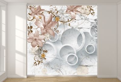 T9017 Wallpaper 3D Circles and vintage flowers