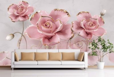 T9020 Wallpaper 3D Flowers in pink and gold