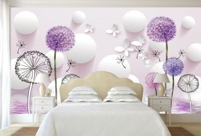 T9022 Wallpaper 3D Dandelions - white and purple