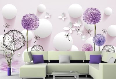 T9022 Wallpaper 3D Dandelions - white and purple