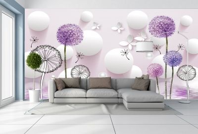 T9022 Wallpaper 3D Dandelions - white and purple