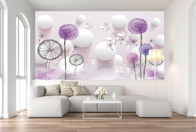 T9022 Wallpaper 3D Dandelions - white and purple