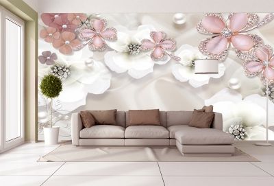 T9023 Wallpaper 3D Composition with flowers and jewelry