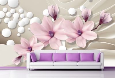 T9026 Wallpaper 3D Magnolias and spheres