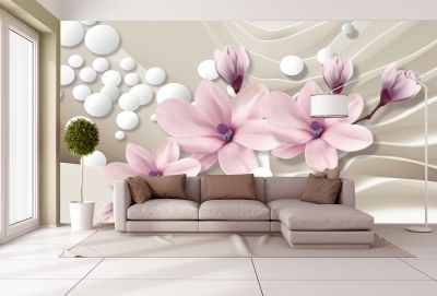 T9026 Wallpaper 3D Magnolias and spheres