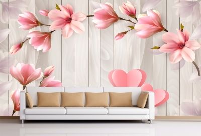 T9056 Wallpaper 3D Magnolias and hearts