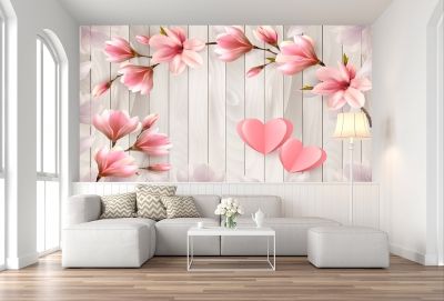 T9056 Wallpaper 3D Magnolias and hearts