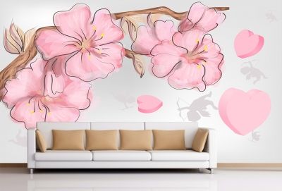 T9057 Wallpaper Pink flowers and herts