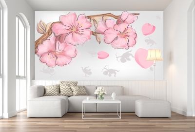 T9057 Wallpaper Pink flowers and herts