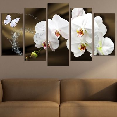 0750  Wall art decoration (set of 5 pieces) White orchids on brown background