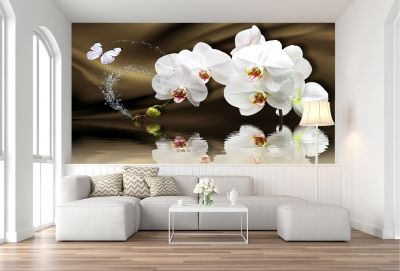 T0750 Wallpaper White orchids on brown background