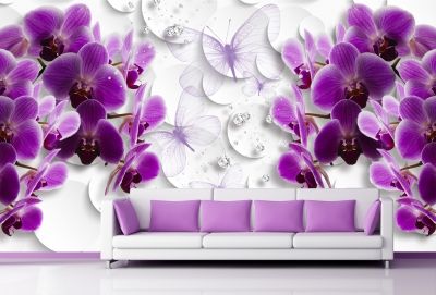 T0752 Wallpaper 3D Orchids, butterflies and diamonds