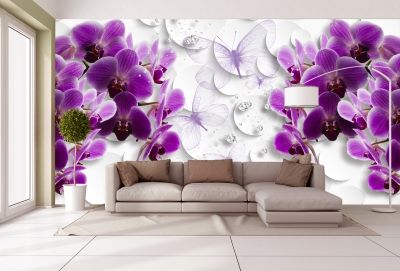 T0752 Wallpaper 3D Orchids, butterflies and diamonds