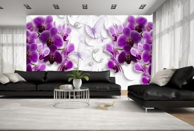 T0752 Wallpaper 3D Orchids, butterflies and diamonds