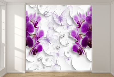 T0752 Wallpaper 3D Orchids, butterflies and diamonds