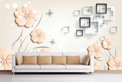 T9063 Wallpaper 3D Flowers, squares and butterflies