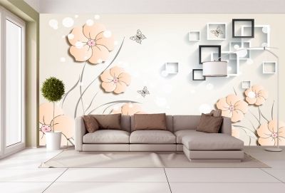 T9063 Wallpaper 3D Flowers, squares and butterflies