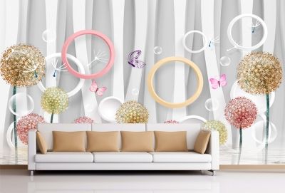 T9067 Wallpaper 3D Circles, dandelions and butterflies