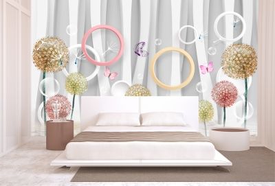 T9067 Wallpaper 3D Circles, dandelions and butterflies