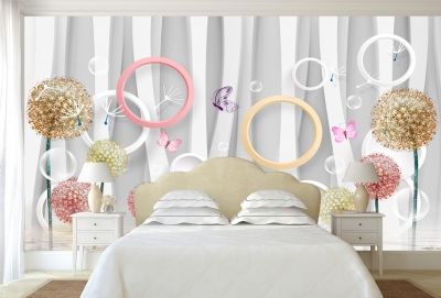 T9067 Wallpaper 3D Circles, dandelions and butterflies