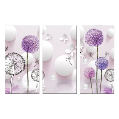 9022 Wall art decoration (set of 3 pieces) Dandelions - white and purple