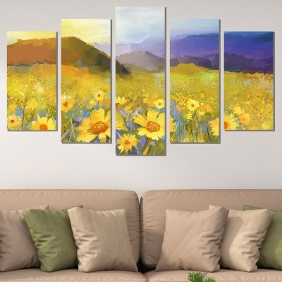 0765 Wall art decoration (set of 5 pieces) Sunflower field