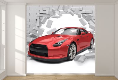 T9102 Wallpaper 3D Red car and brick wall