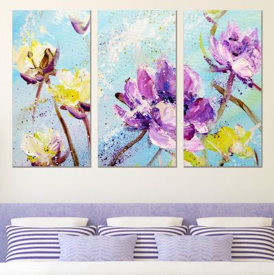 0845 Wall art decoration (set of 3 pieces) Art flowers - yellow and purple