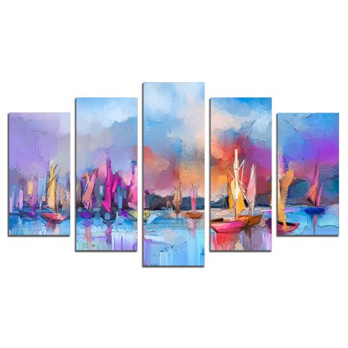 0874 Wall art decoration (set of 5 pieces) Seascape with boats