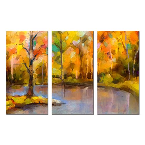 0877 Wall art decoration (set of 3 pieces) Abstract landscape with trees and lake