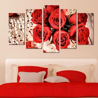 0159 Wall art decoration (set of 5 pieces) Red roses