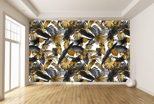 T0895 Wallpaper Tropical leaves black and gold