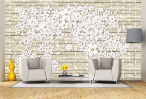 T9192 Wallpaper 3D White flowers on brick wall