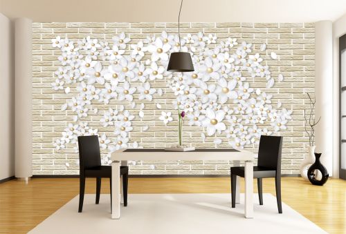 T9192 Wallpaper 3D White flowers on brick wall