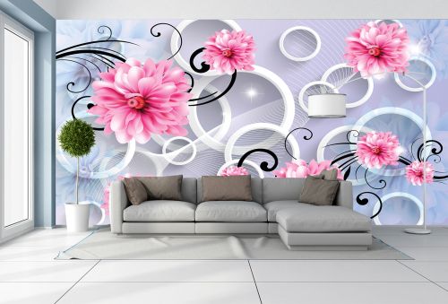 T9204 Wallpaper 3D Abstraction with flowers and circles